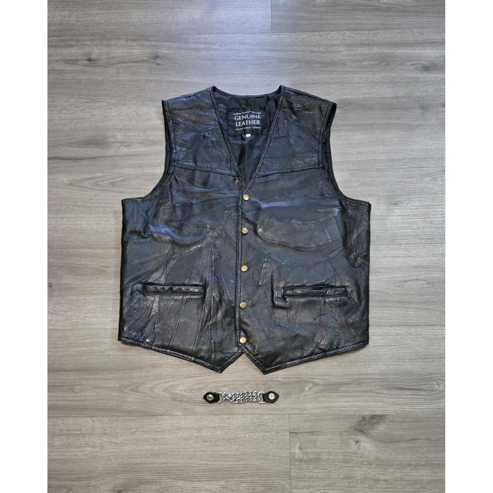 Vtg Italian Stone Design Genuine Leather Vest Black Patchwork Biker Western Larg